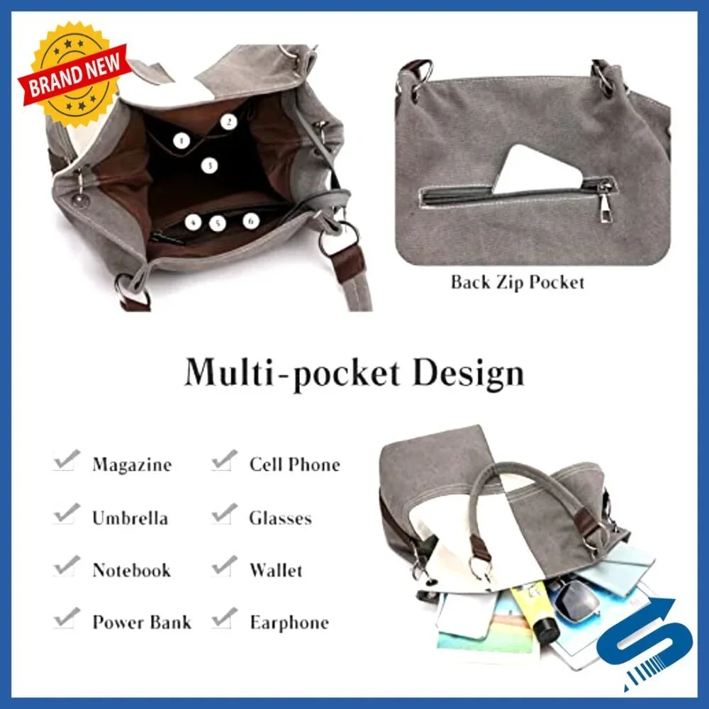 Canvas Tote Bag Crossbody Shoulder Satchel Multi-Pocket Casual Vintage Chic